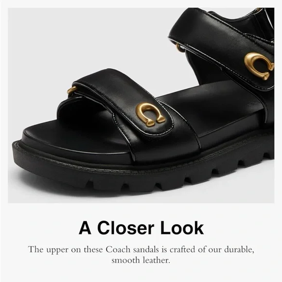 COACH Women's Brynn Sandal Black Gold-Accented Leather Sandals - Picture 3 of 4